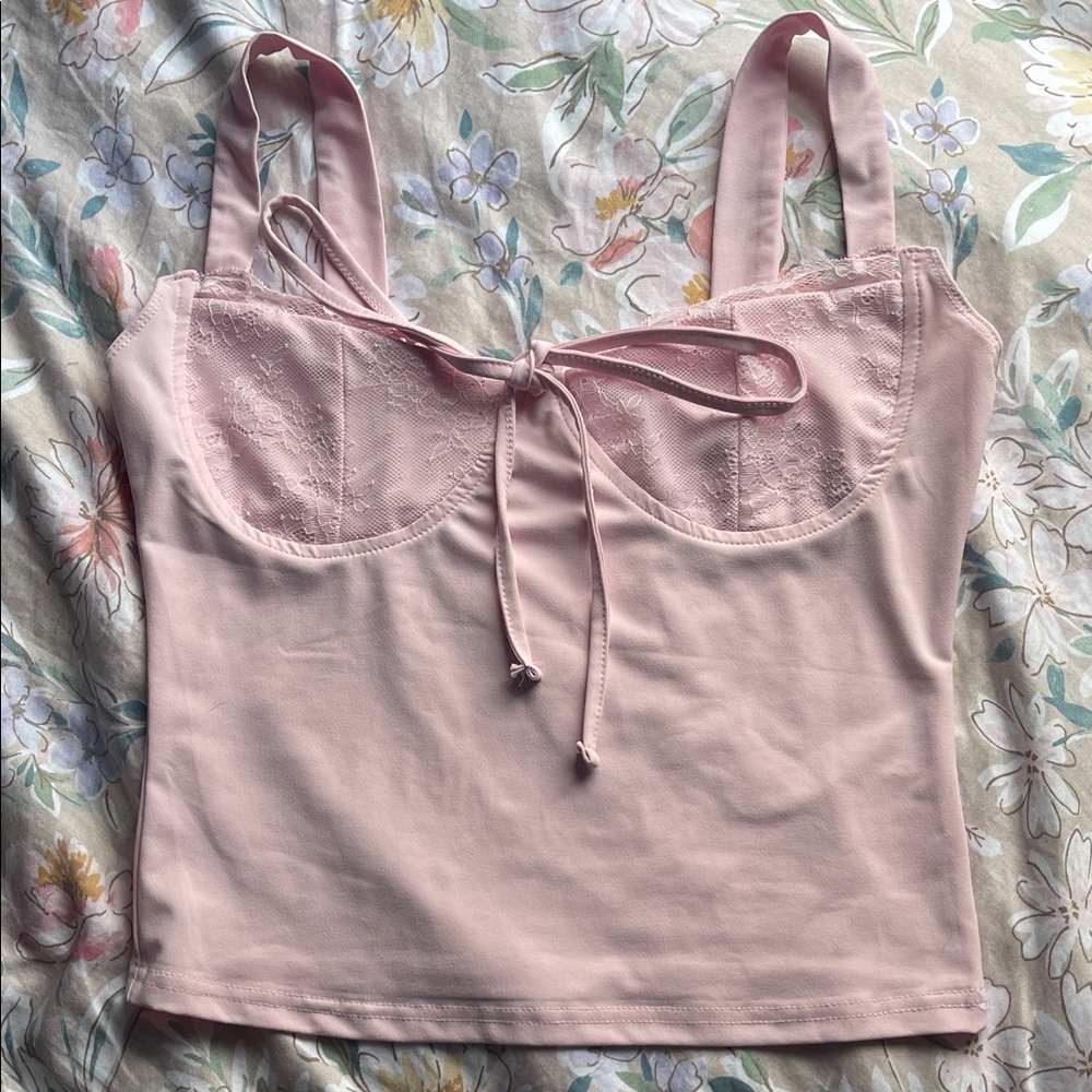 Pink Lace Trim Tank Top
